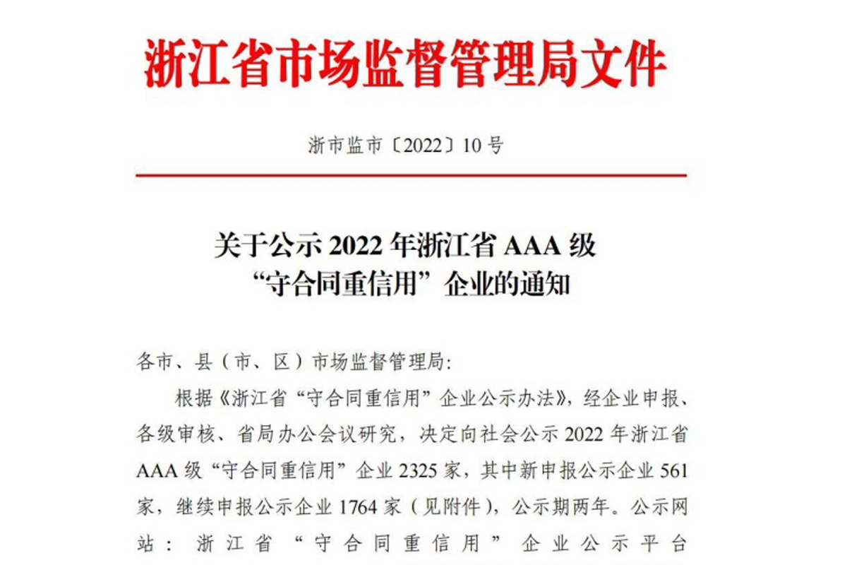 恒齒傳動(dòng)擬評(píng)為2022年浙江省3A級(jí)“守合同重信用”企業(yè)